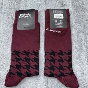 Unsimply Stitched Mens Houndstooth Dress Socks Burgundy Black Crew Size 8-12 NWT